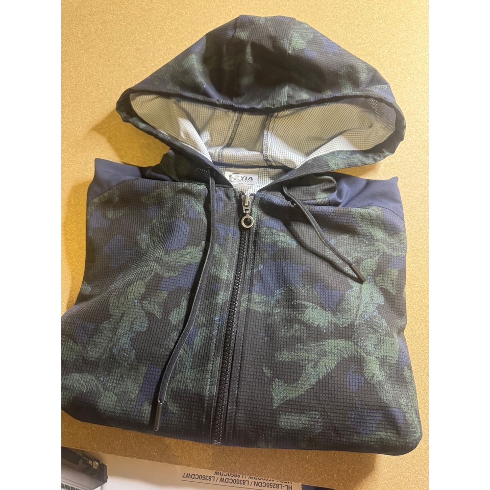 Zyia Active Navy‎ Green Leaf Camo Full Zip Mesh Back Hoodie Jacket Womens XS